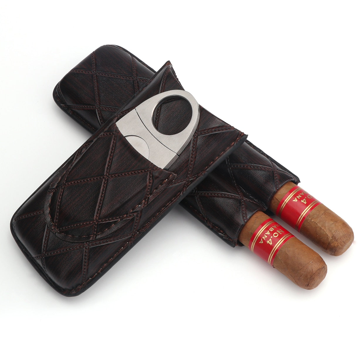 Leather 2 Slot Cigar Travel Case W/ Stainless Steel Cutter